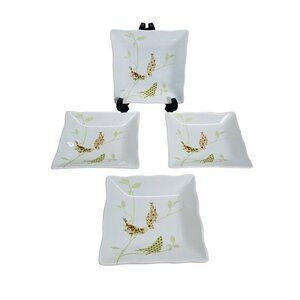 222 Fifth 6" Square Plates Set Bird & Leaf Botanical Ruffle Appetizer/Dessert